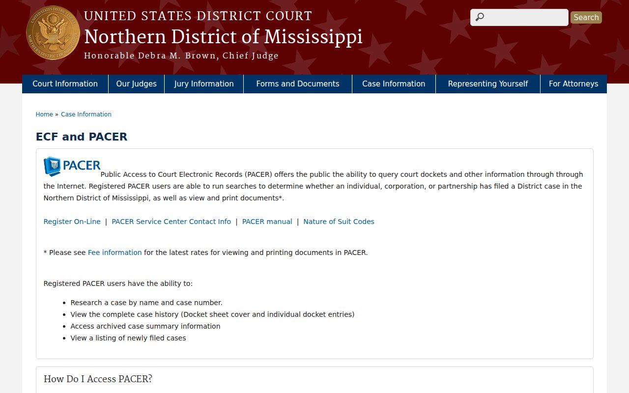 Quitman County case lookup source, Northern District ECF and PACER access page