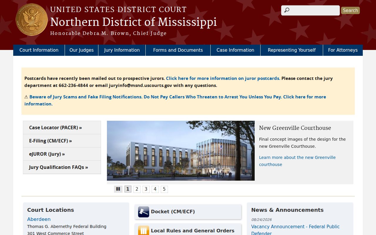 Quitman County case lookup comparison, Northern District of Mississippi home page