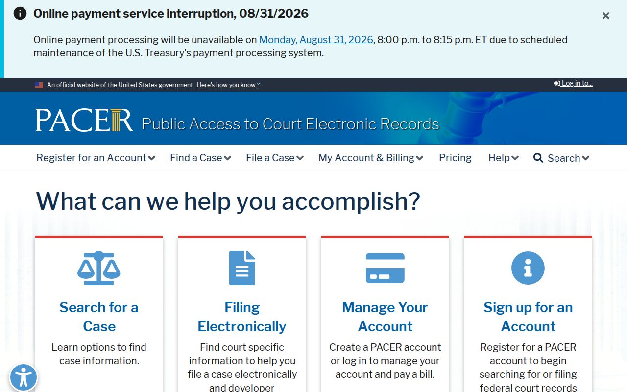 Quitman County case lookup source, PACER public access home page