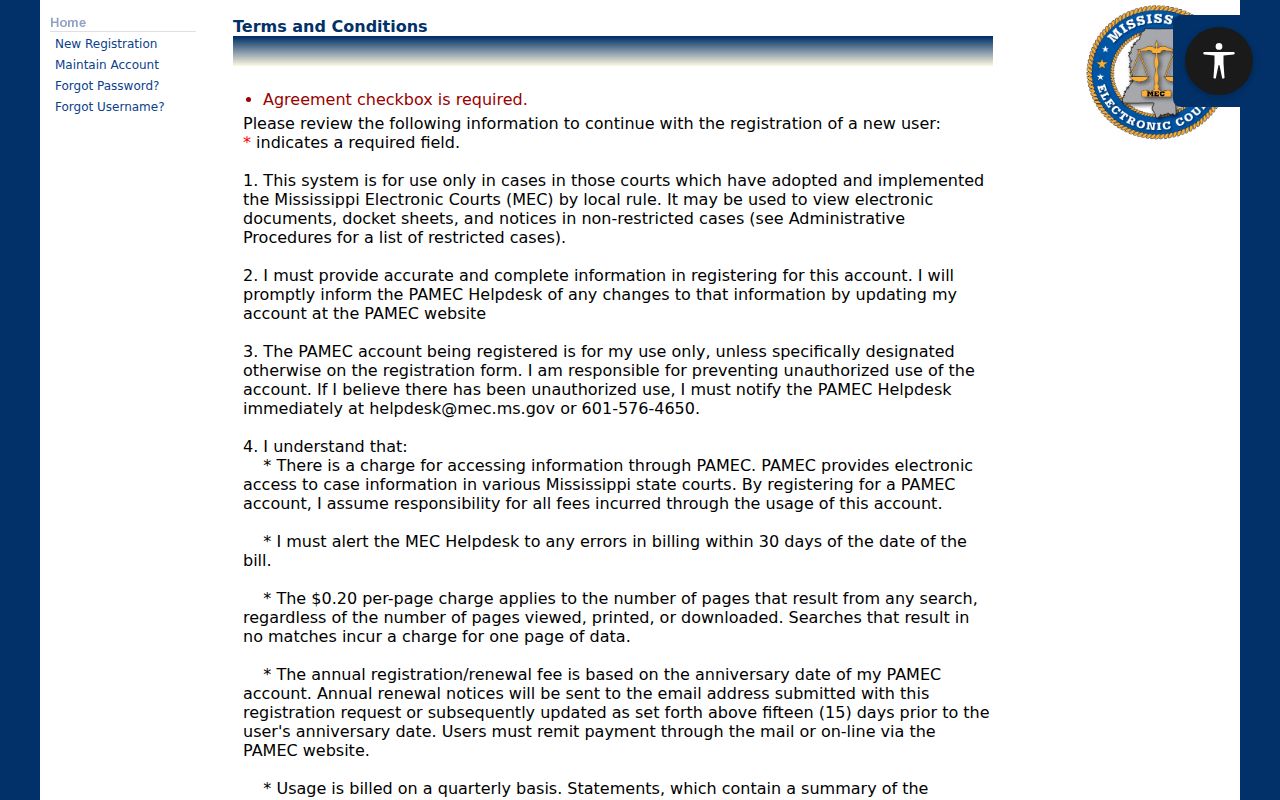 PAMEC non-attorney terms page for Mississippi electronic court access