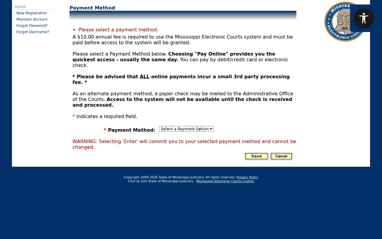 PAMEC payment-method form for Mississippi electronic court access