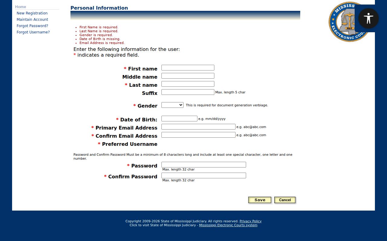 PAMEC registration information form for Mississippi electronic court access