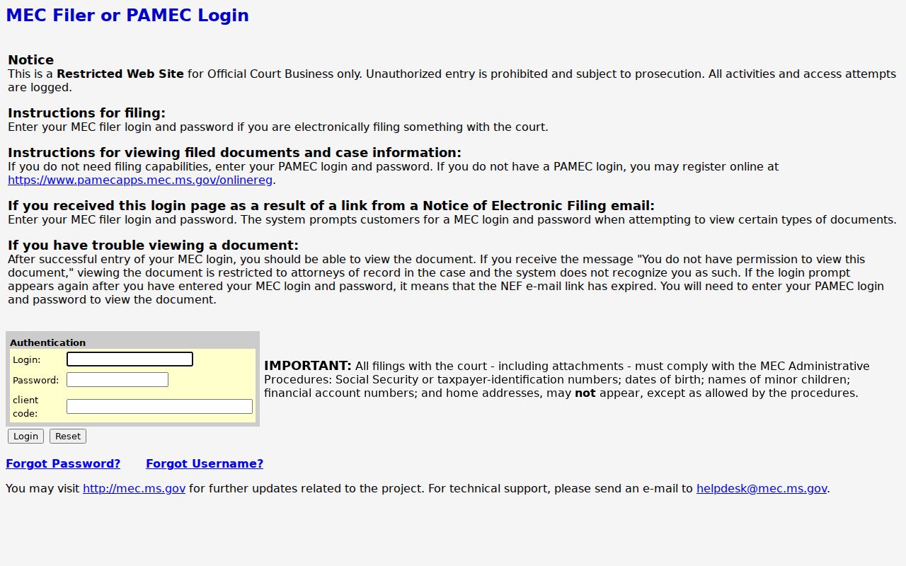 Seventh Chancery Mississippi Electronic Courts login boundary for Quitman County
