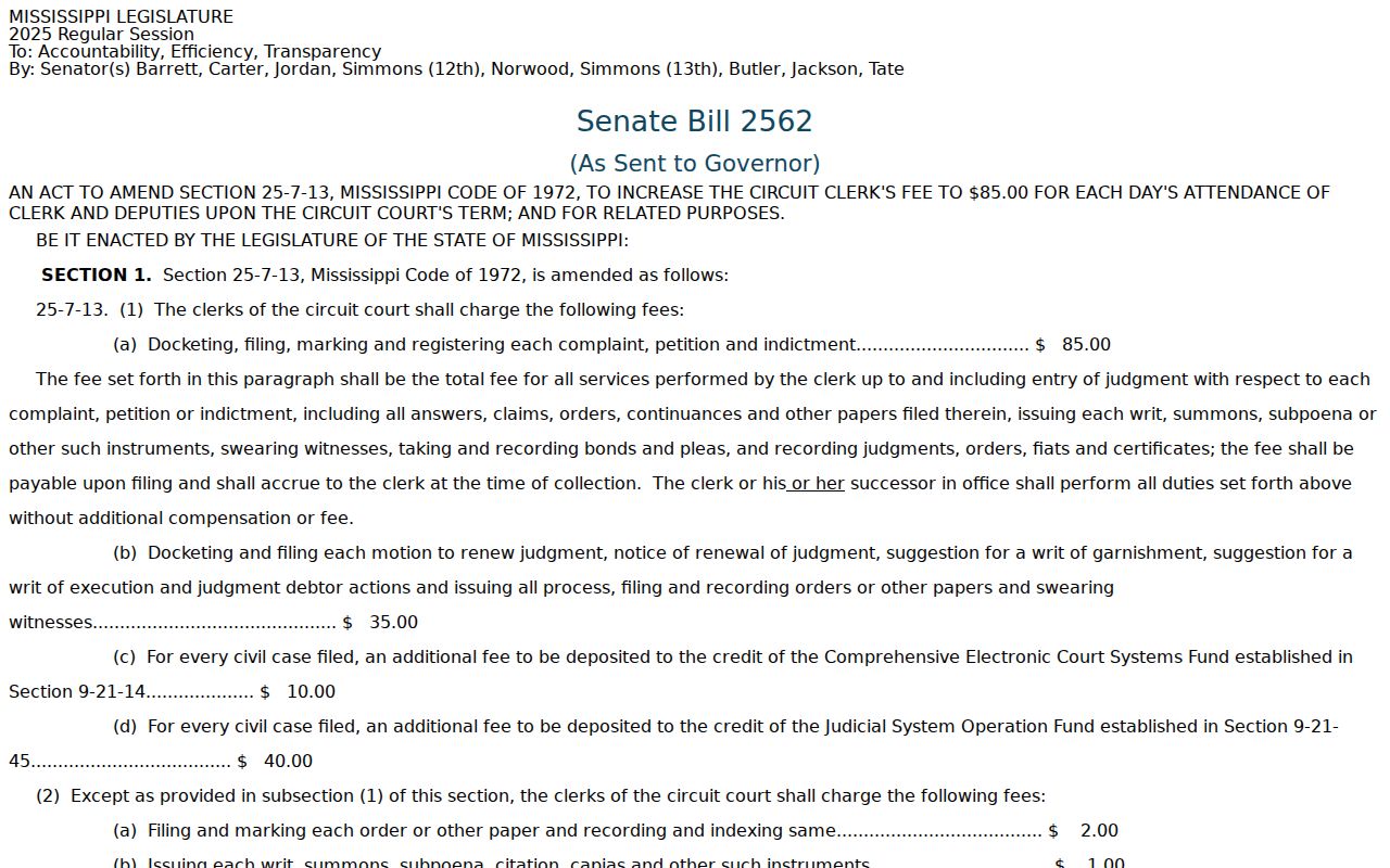 Quitman County court record search source, 2025 Senate Bill 2562 Circuit Clerk fee text