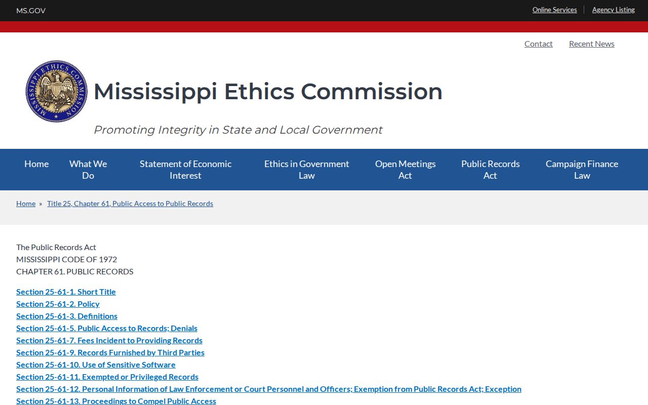 Quitman County court record search source, Mississippi Public Records Act guidance