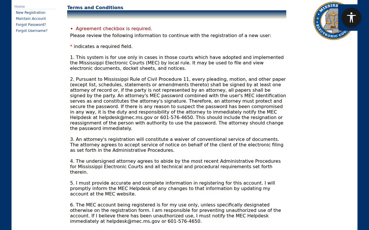 PAMEC attorney terms page for Mississippi electronic court access