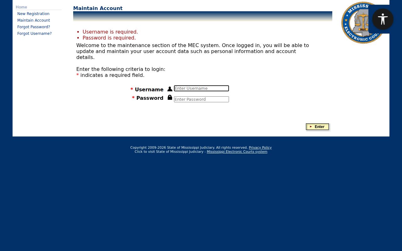 PAMEC public login form for Mississippi electronic court access