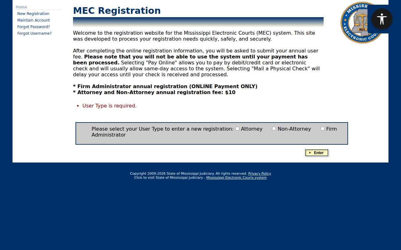 Quitman County court docket PAMEC registration access page