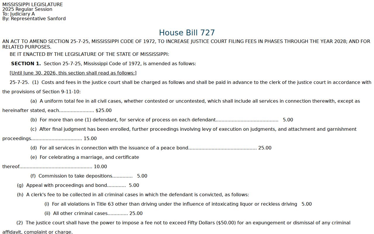 Quitman County traffic court records reference to Mississippi Justice Court fee bill